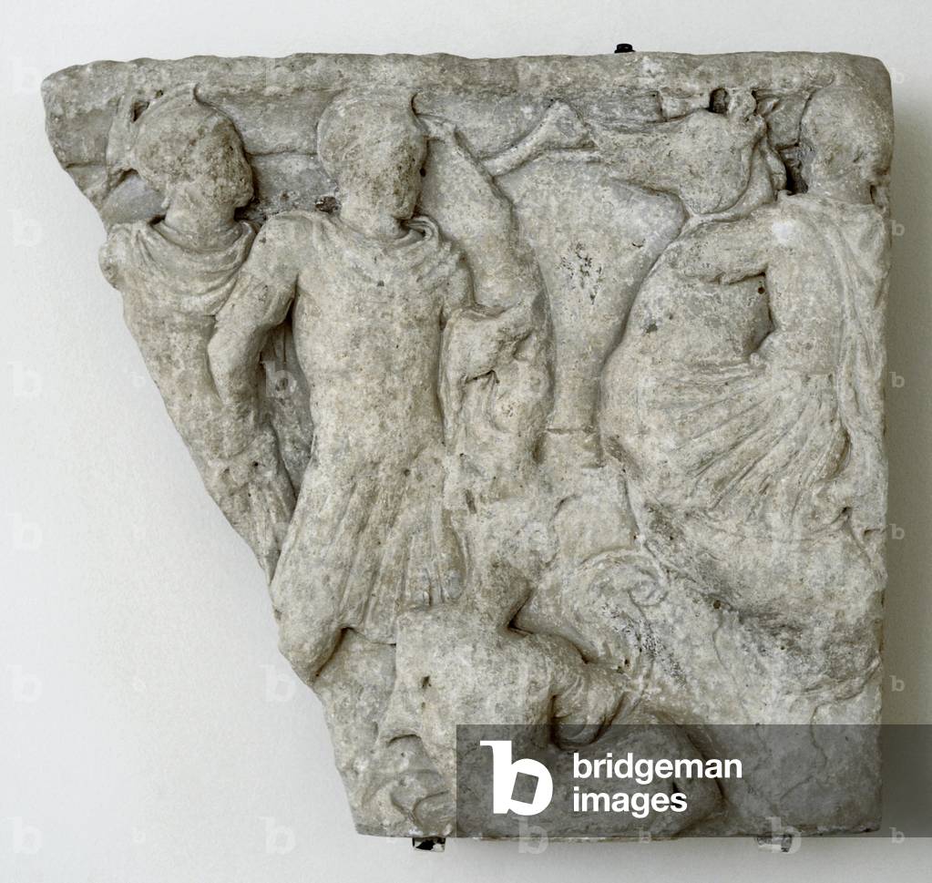 Fragment of sarcophagus with battle scene, 220-230 AD Spain