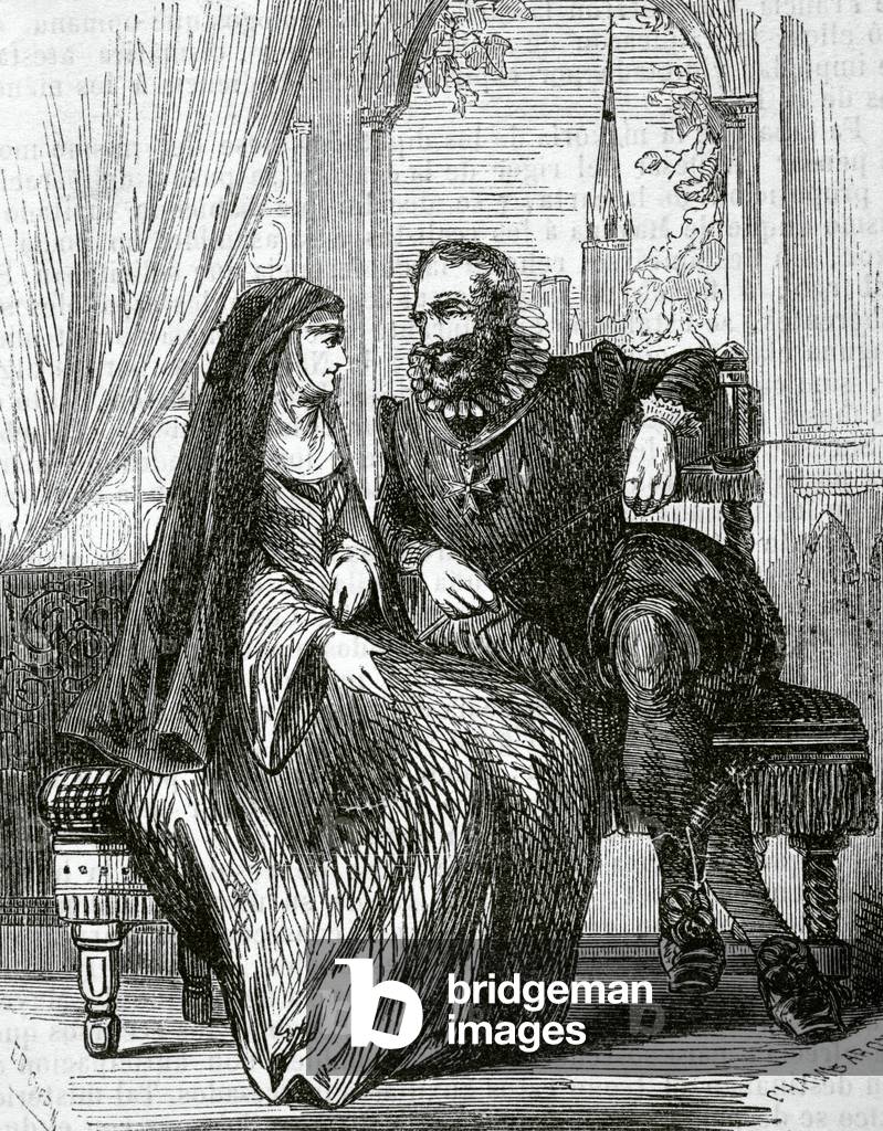 The French abbess Marie-Catherine de Beauvilliers with the king Henry IV of France in the abbey of Montmartre (Paris) (engraving)
