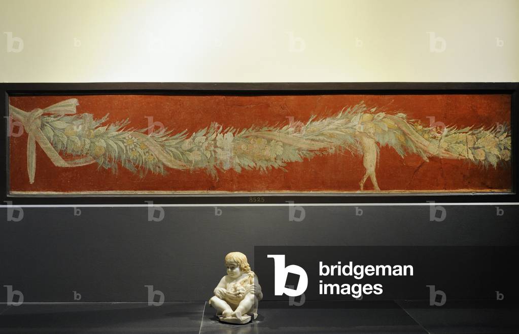 Fresco depicting a festoon of leaves and fruit carried by cupids, 50-79 AD, from the Vesuvian area, First, statue of a child with fruits, 1st century AD, from Pompeii