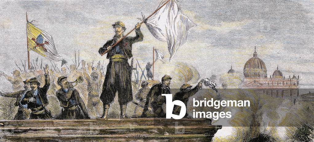 Italian Unification (1859-1924). Pontifical troops ask Parliament by Command of Her Holiness in Rome. Colored engraving.