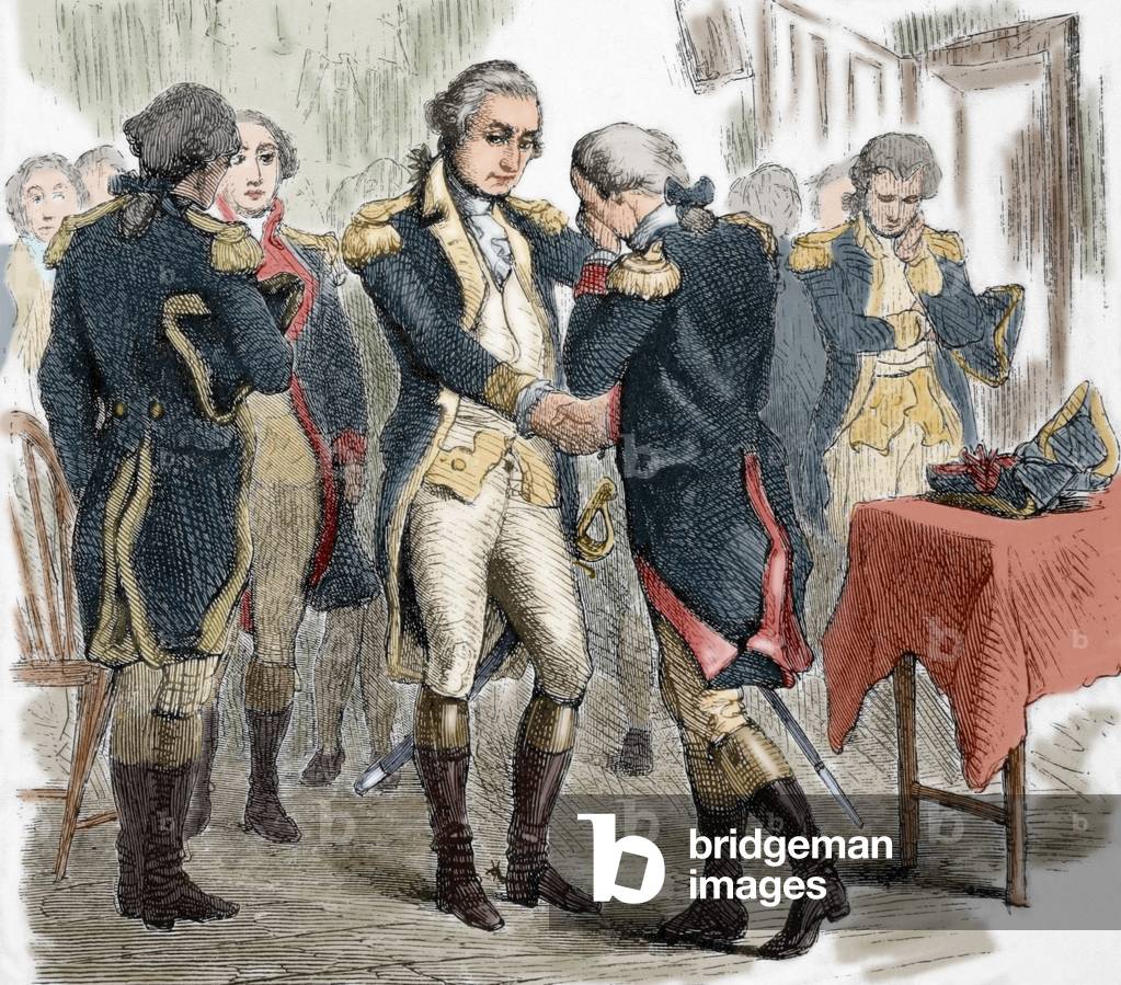 George Washington's  farewell to his officers on December 4th 1783 (coloured engraving)