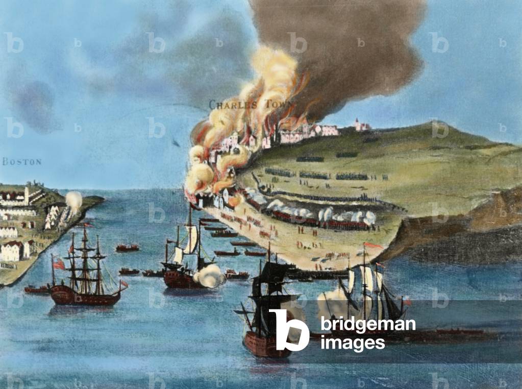 American War of Independence (1775-1783). Battle of Bunker Hill (June 17, 1775). Engraving. Colored.