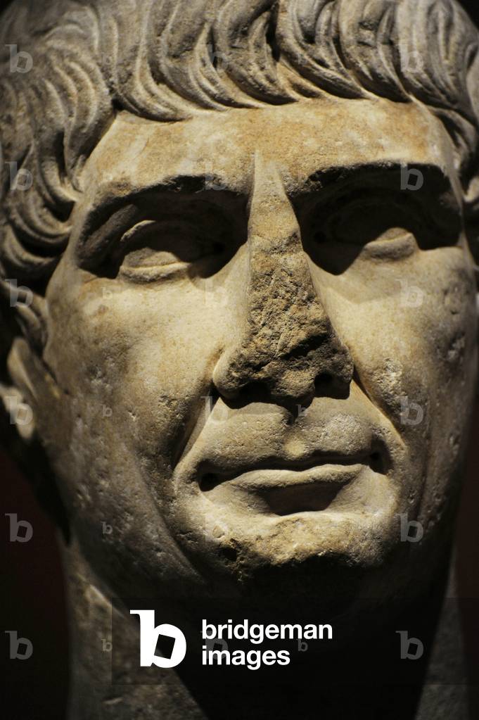 Roman bust of emperor Trajan (53-117) of the decennalia type, c.103-117, detail