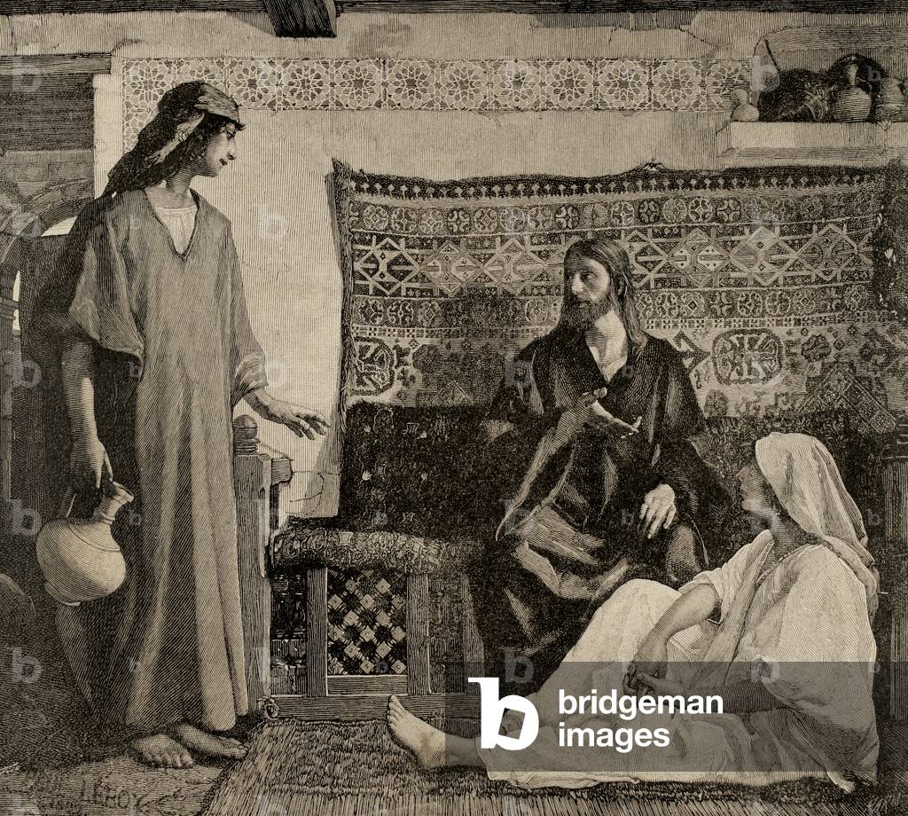 Jesus in the House of Martha and Mary. Engraving.