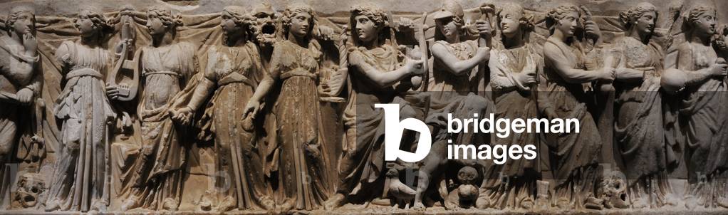 Roman Sarcophagus panel. Athena, Muses and Apollo. 3rd century AD (marble)