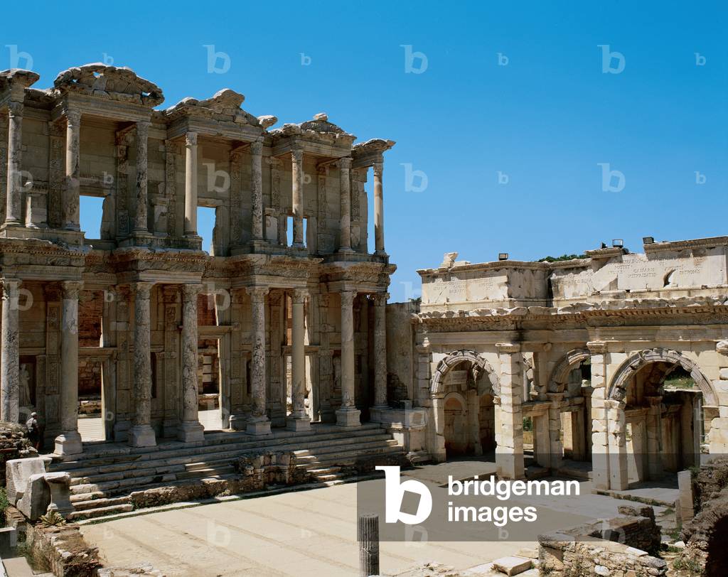 Turkey. Asia Minor. Ephesus. Facade of Celsus Library built in 117 A.D. At the right, The Gate of Mazeus and Mythridates, built in 40 A.D.