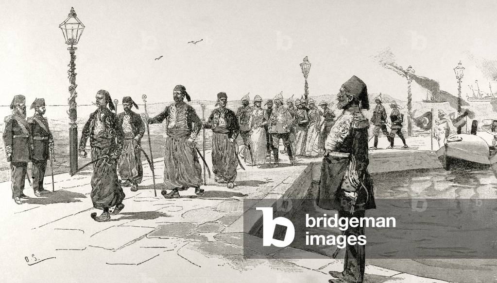 Travel of the Emperor of Germany, Wilhelm II, to Palestine. Entrance of the Emperors in Haifa, 1898 (engraving)