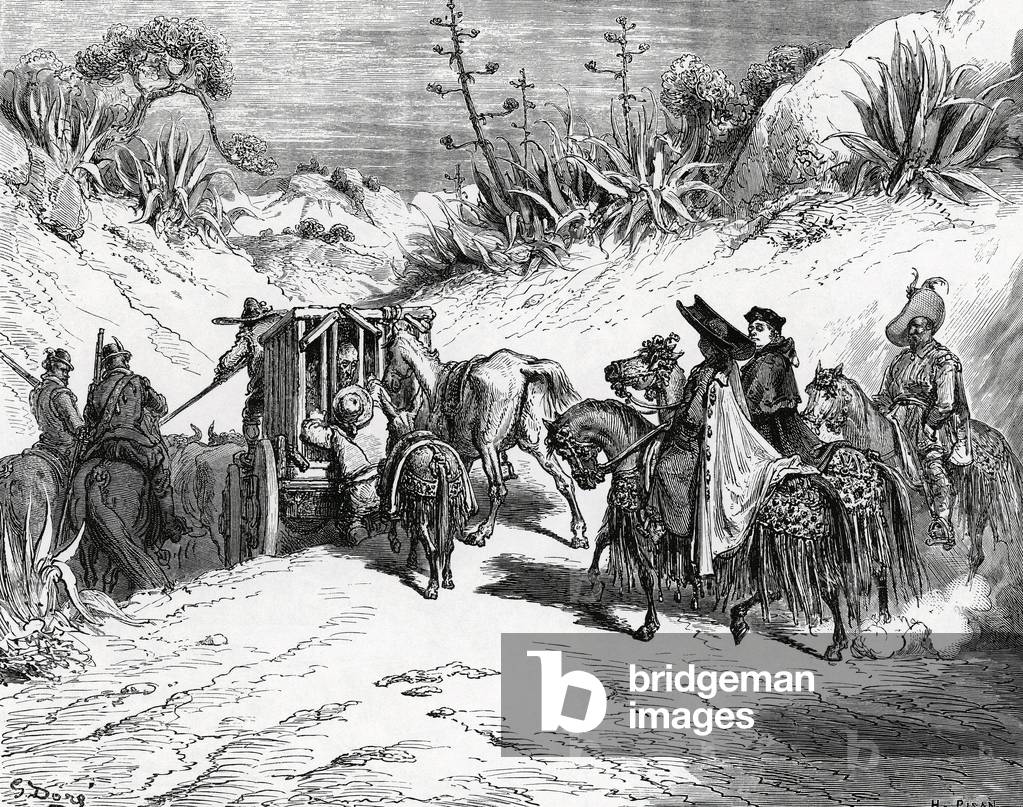 The Ingenious Hidalgo Don Quixote of La Mancha by Spanish writer Miguel de Cervantes (1547-1616). The cage. Don Quixote at the oxen carriage.