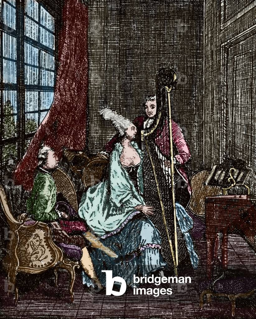 Society. 18th century. Musician. Harpist. Engraving. coloured.