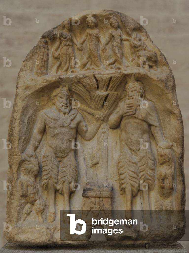 Votive relief for the shepherd god. About 160 AD. Two figures of Pan. Glyptothek. Munich.