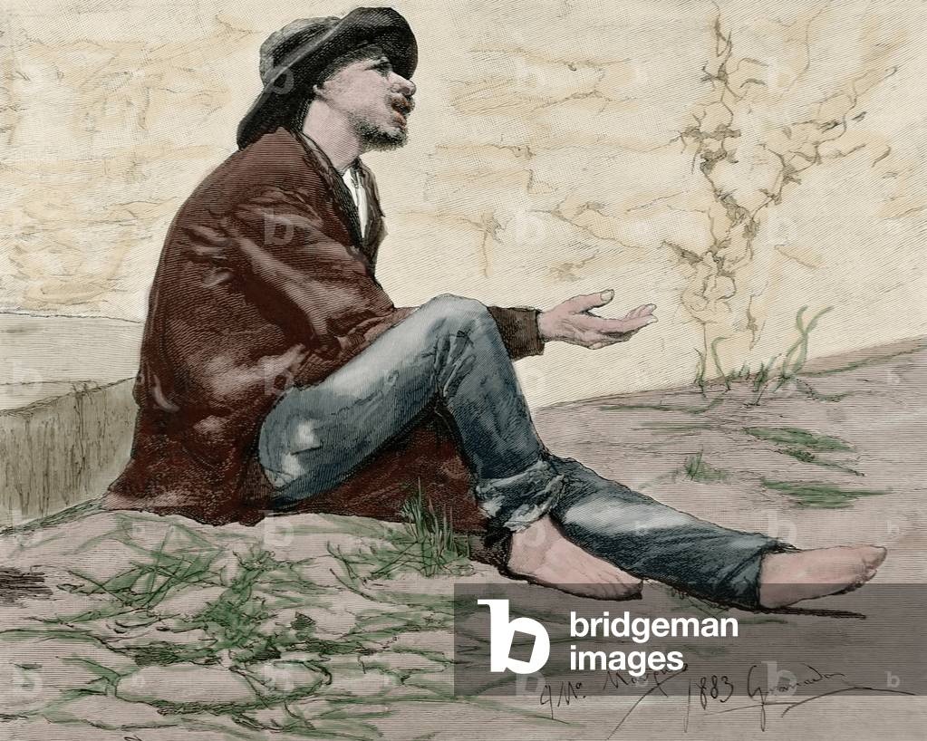 Spanish society. Beggar. Granada. Andalusia, 1884 (coloured engraving)
