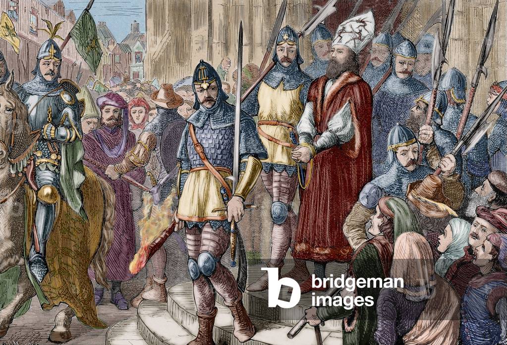 Girolamo di Praga (1360-1416), predicatore di Boheme, condannato per eresia, viene portato al luogo della sua 