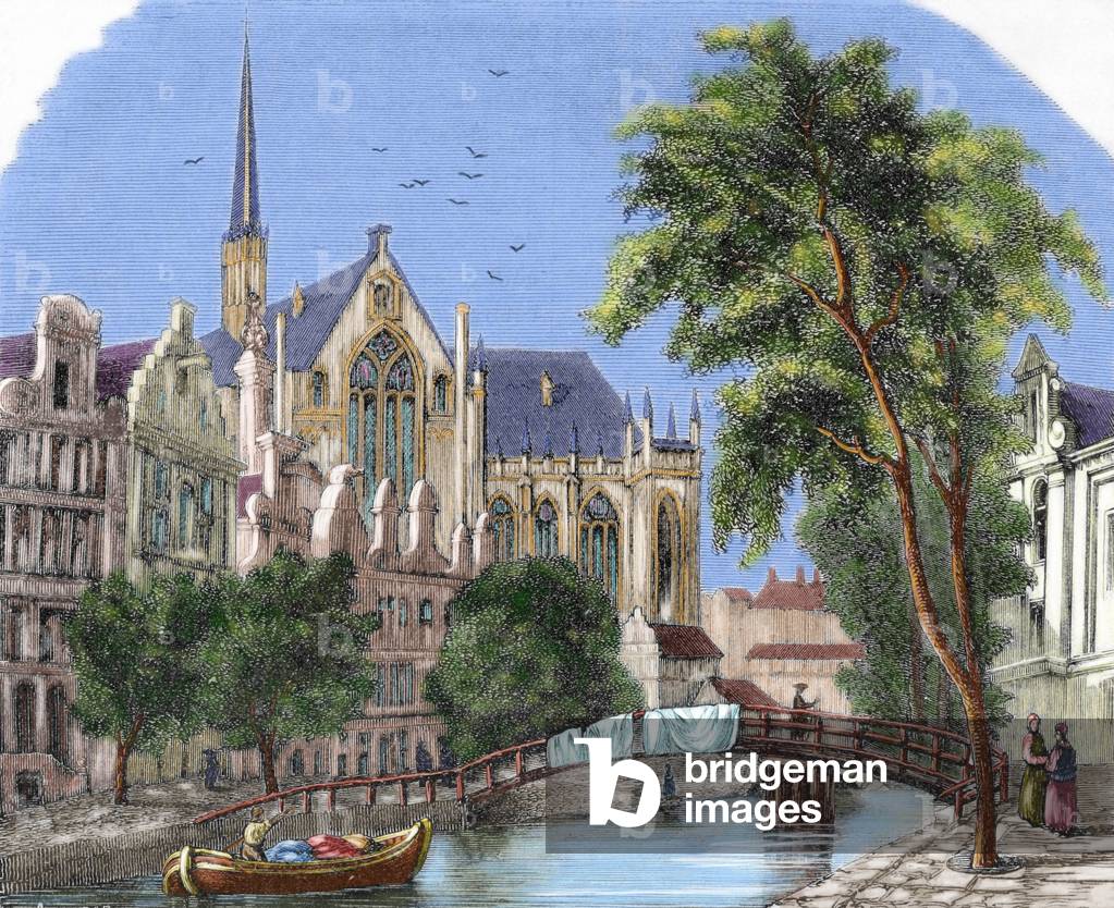 Church Nieuwekerke and the canals of Amsterdam (Netherlands), 19th century - Lithography published in “