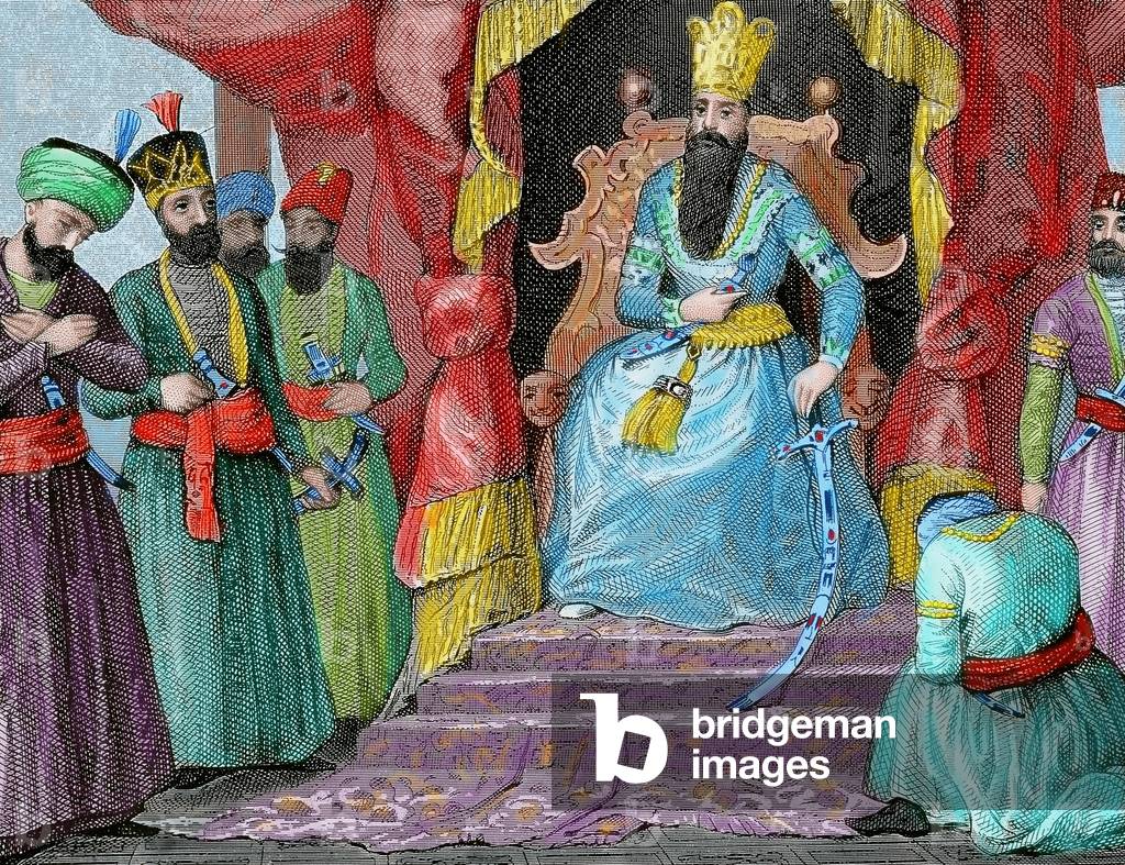Ottoman Empire. Sultan received in the Topkapi Palace counselors. Istanbul, 19th century (coloured engraving)