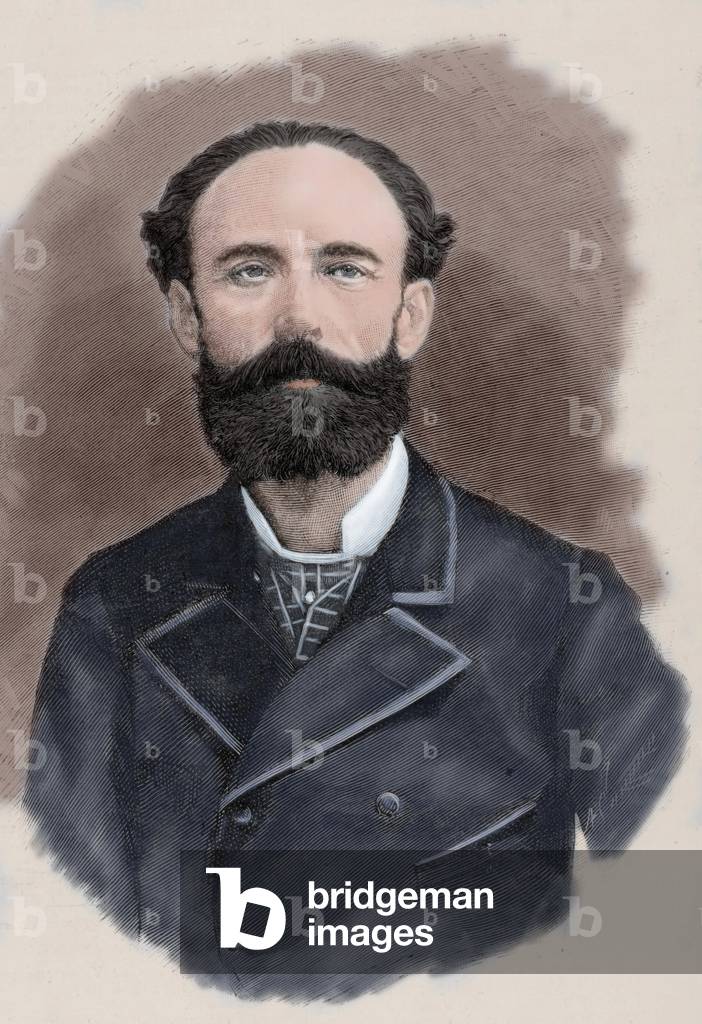 Portrait of Jose Maria Casado del Alisal (1832-1886) Spanish painter - Engraving by Arturo Carretero (1852-1903), from the Spanish and American Illustration, 1886 - (J. M. Casado del Alisal (1832-1886), Spanish painter - Engraving by Arturo Carretero in The Spanish and American Illustration, 1886)