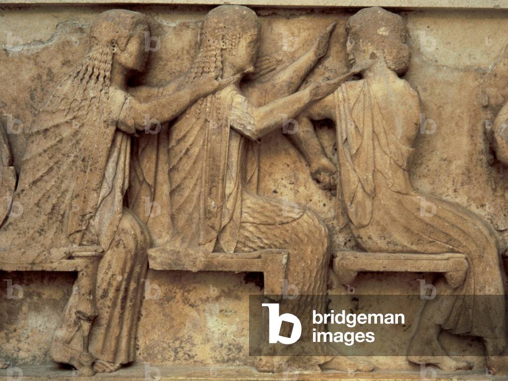 Greek art. Siphnish Treasury. Frieze sculpture. Ionic style. 530-525 BC. Ares, Aphrodite, Artemis and Apollo. Delphi Archaeological Museum.