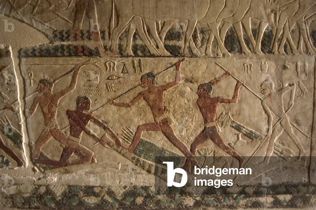 Mastaba of Nefer and Kahay. Relief. Fighters on a boat. Egypt.