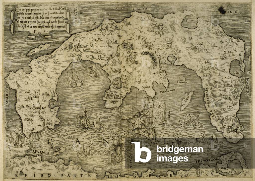 Map of Greek island of Corfu, Ionian Sea, Italian map, 1537
