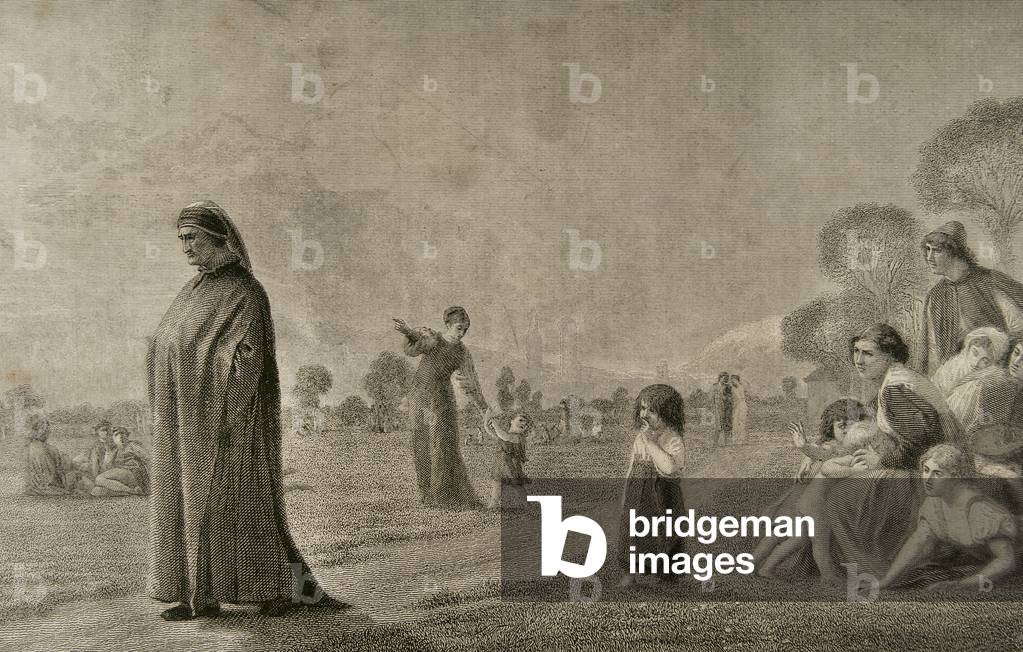 Dante Alighieri meditating in the Cascine Gardens, Florence (engraving)
