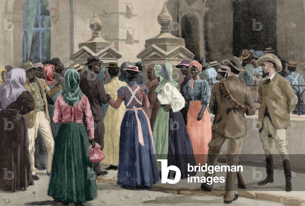 Second Anglo-Boer War (1899-1902). Exodus of Johannesburg. Native people leaving from the city (coloured engraving)
