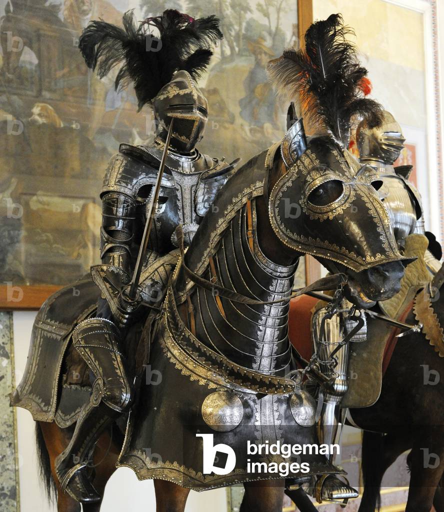 The State Hermitage Museum. The Knights' Hall. Knights in armor on horseback. 16th century. Saint Petersburg. Russia.
