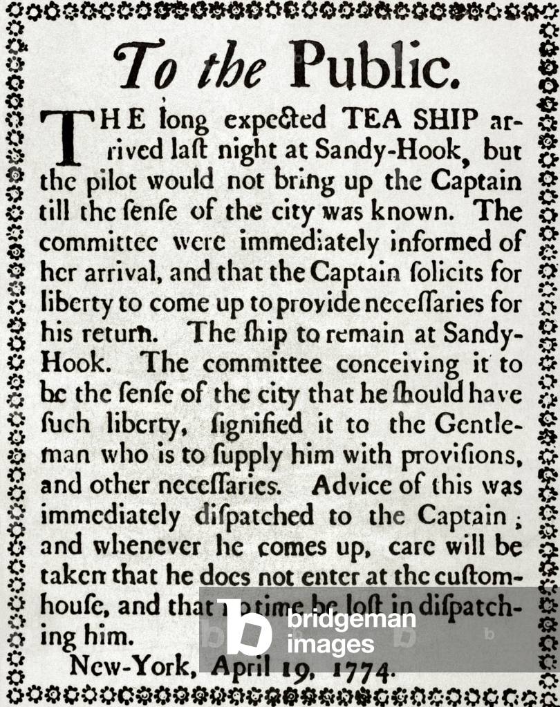 New York's Tea Party, Handbill about boycotting the ship loaded with English tea newly arrived in Sandy Hook, New York, April 19, 1774