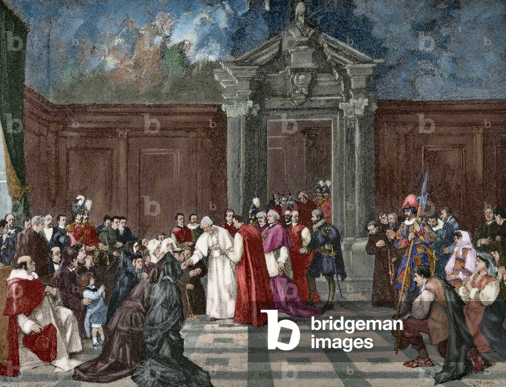 Pope Leo XIII (1810-1903) during an audience at the Vatican (coloured engraving)