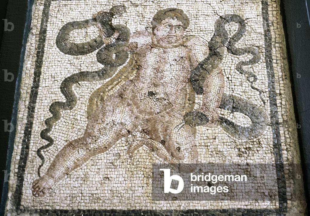 Roman mosaic. Child Heracles with snakes. Antioquia. Turkey.