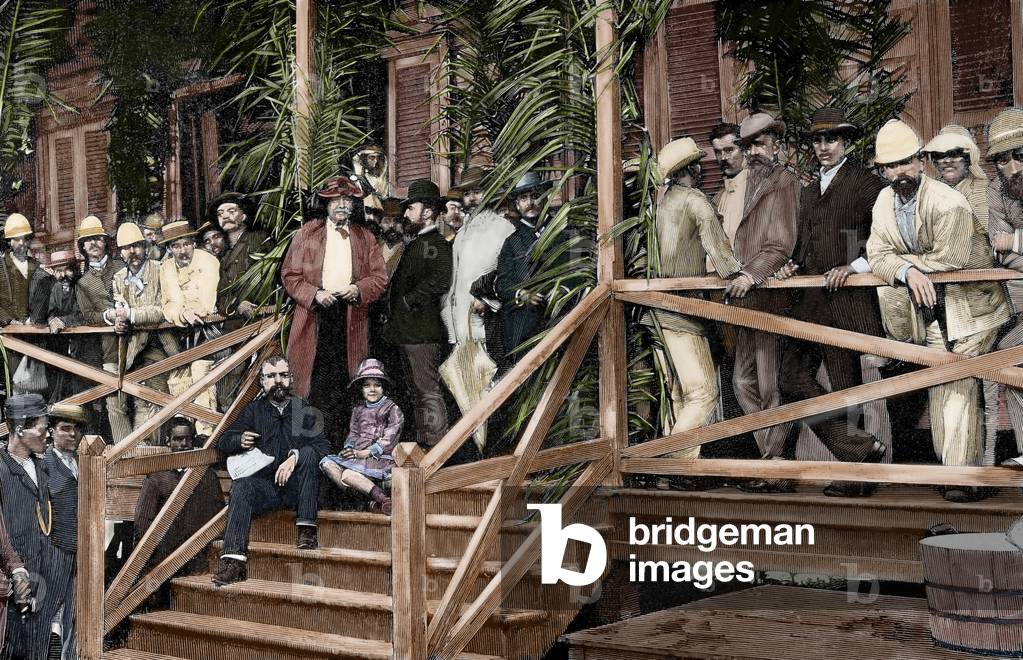 Ferdinand de Lesseps (1805-1894) and his retinue visiting the works of Panama Canal, 1887 (colour engraving)