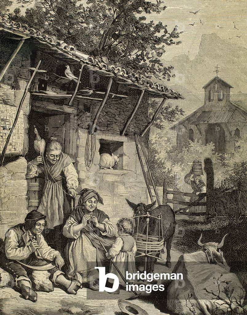 Spain. Asturias. Spinners (engraving)