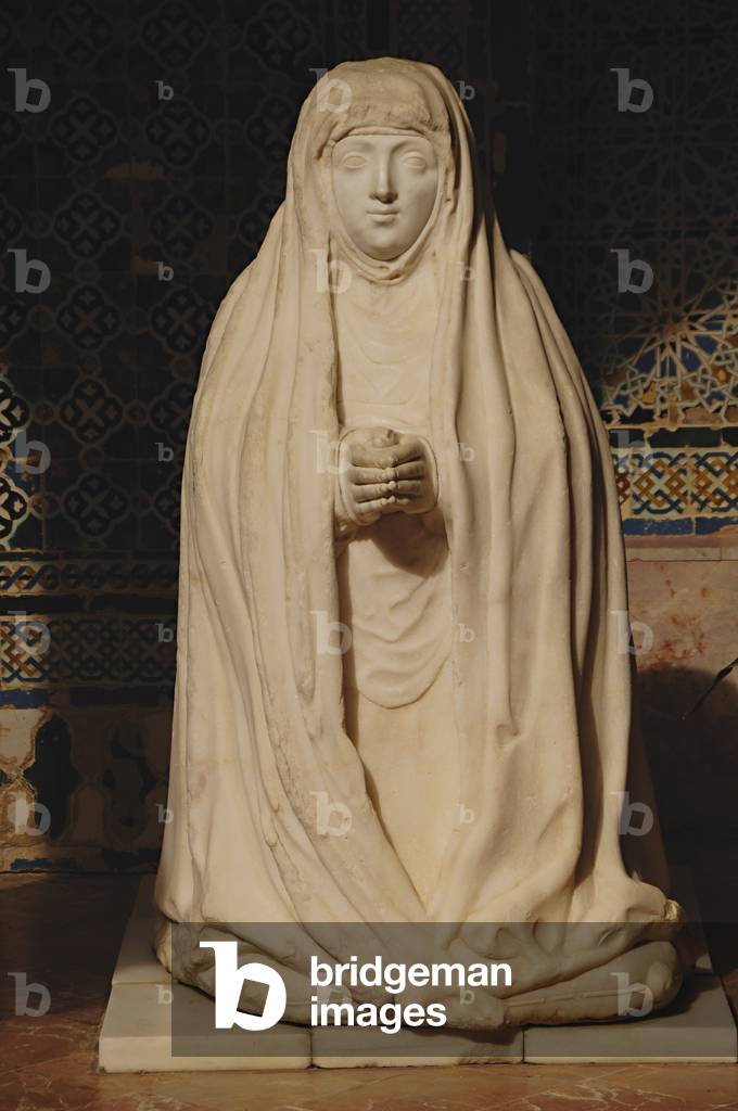 Sculpture of Leonor Cabeza de Vaca in the cloister of the Monastery of Our Lady of the Caves, Island of the Charterhouse, Seville, Andalucia, Spain (stone)