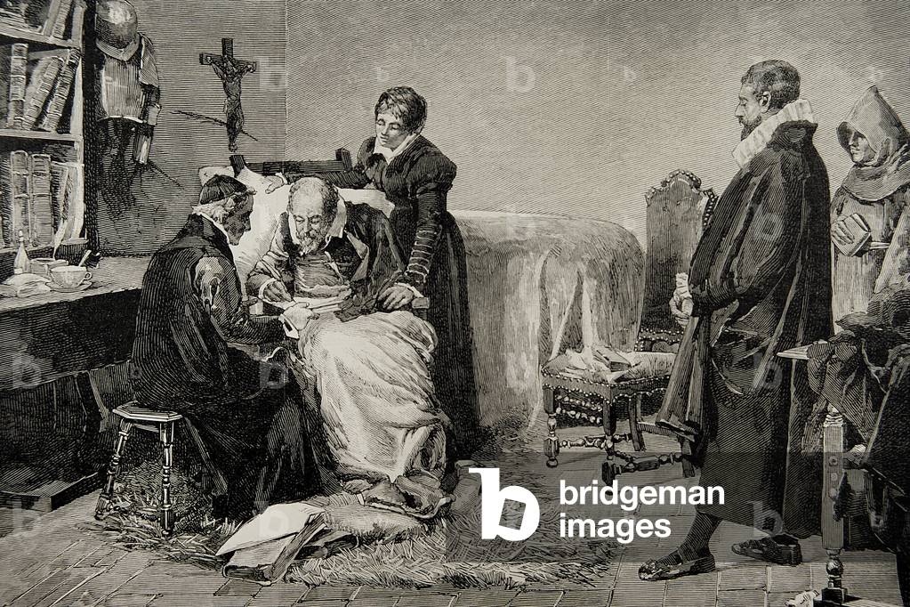 Miguel de Cervantes (1547-1616)  writing the dedication of his Persiles. Engraving.