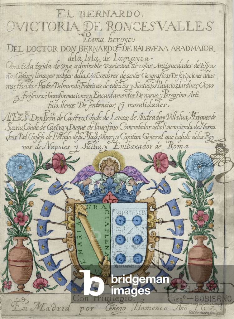 The Bernardo or Victory of Roncesvalles, 1624, by Bernardo de Balbuena (1568-1627), Title cover (colour engraving).
