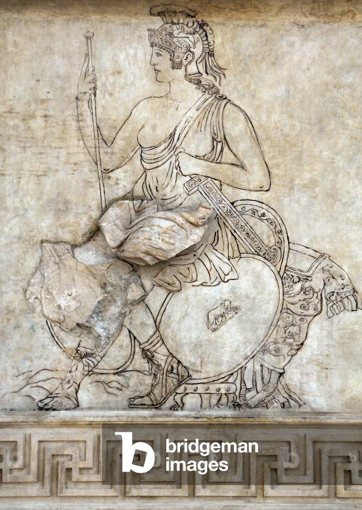 Ara Pacis Augustae. Goddess Roma, sitting on a pile of trophy weapons. Relief.