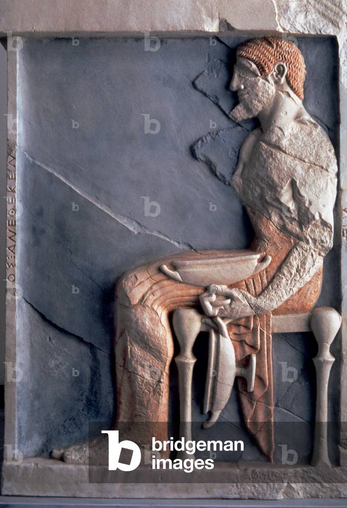 Greek art. Funerary stele depicting a potter. Early 6th century B.C.