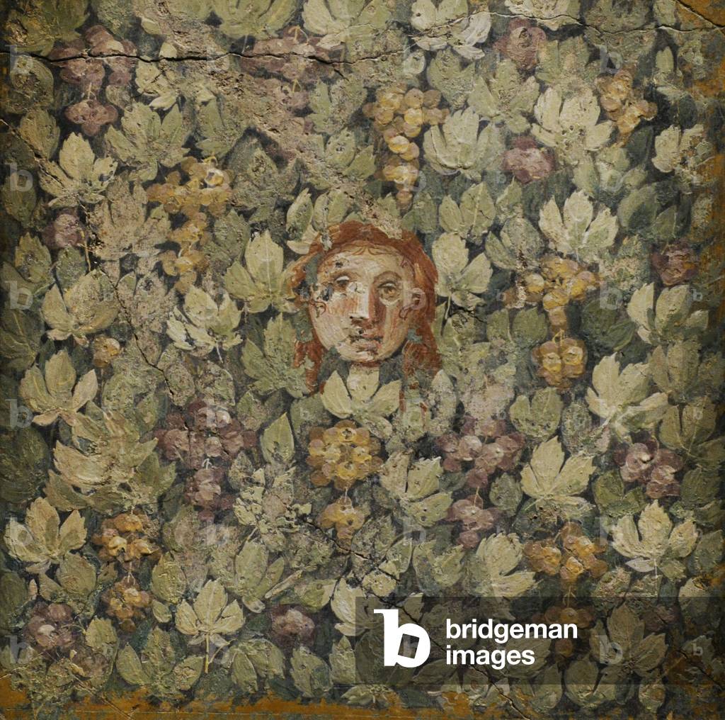 Mask on vine leaves and bunches of grapes, Fresco, 20-10 BC, from Pompeii
