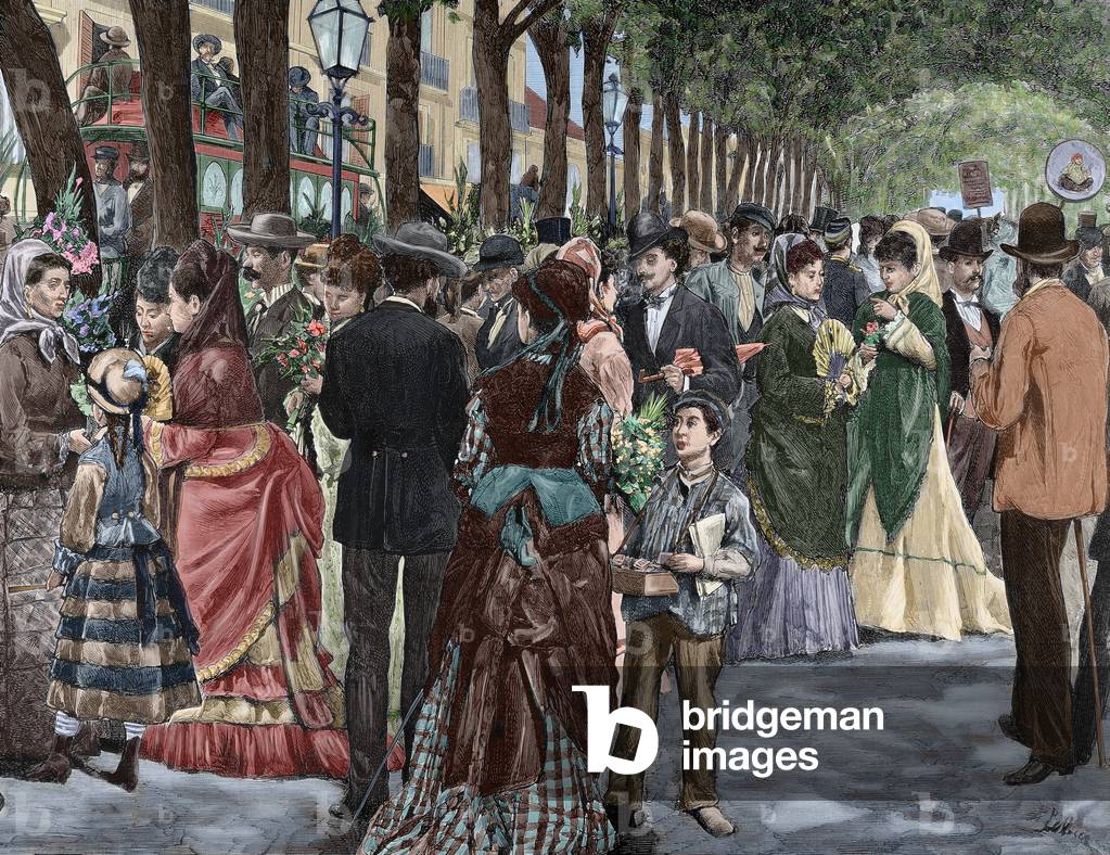 Spain. Barcelona. La Rambla de las Flores (Rambla of the Flowers). Engraving