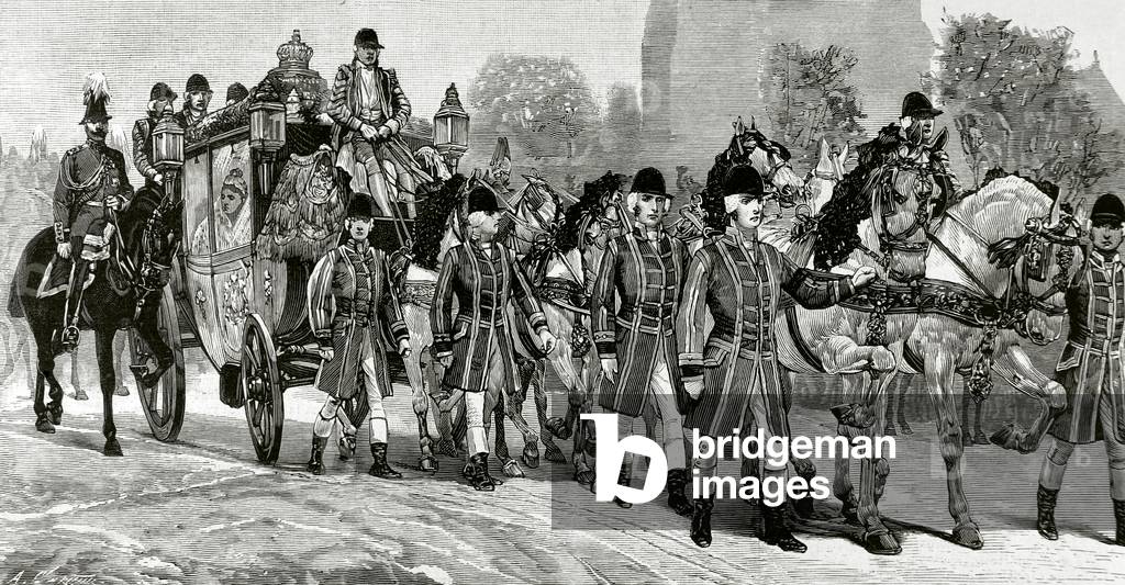 London: Official opening of the British Parliament, Queen Victoria of England parading through the city streets, (engraving)