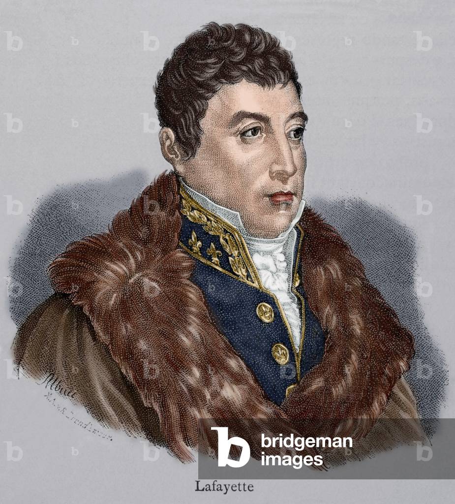 Marquis of La Fayette (1757-1834). Colored engraving.