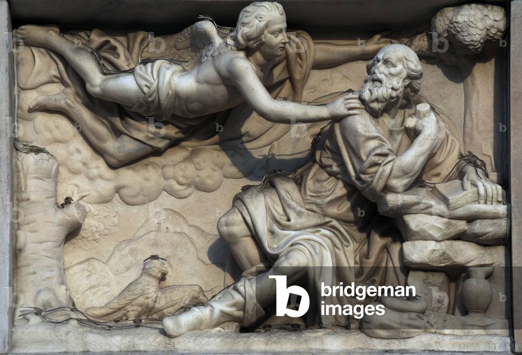 Italy. Milan. Cathedral. Gothic. 14th century. St. Jerome visited by an angel. Relief. West facade.