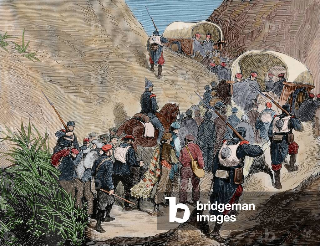 Carlist Wars (Third Carlist War). Prisoners arrested in  La Seu d'Urgell. August 27, 1875. Catalonia. Spain (colour engraving)