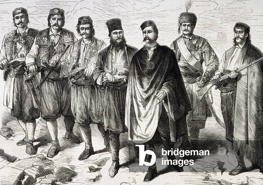 Herzegovina Uprising of 1875-78, showing Mico Ljubibratic, serbian military commander and chief of the insurgents, with his Military Staff, 1875 (engraving)
