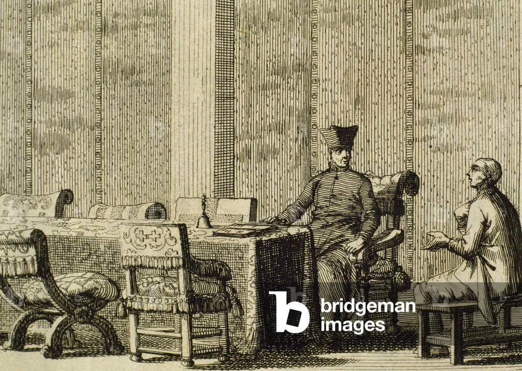 Inquisition. Inquisitor questioning a defendant (engraving)