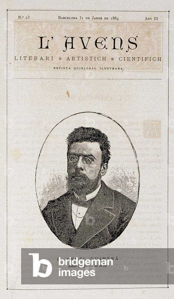 L'Avenc. Catalan literary and artistic magazine, founded in Barcelona in 1881. Cover of a copy of the January 31, 1884 with a portrait to Angel Guimera.