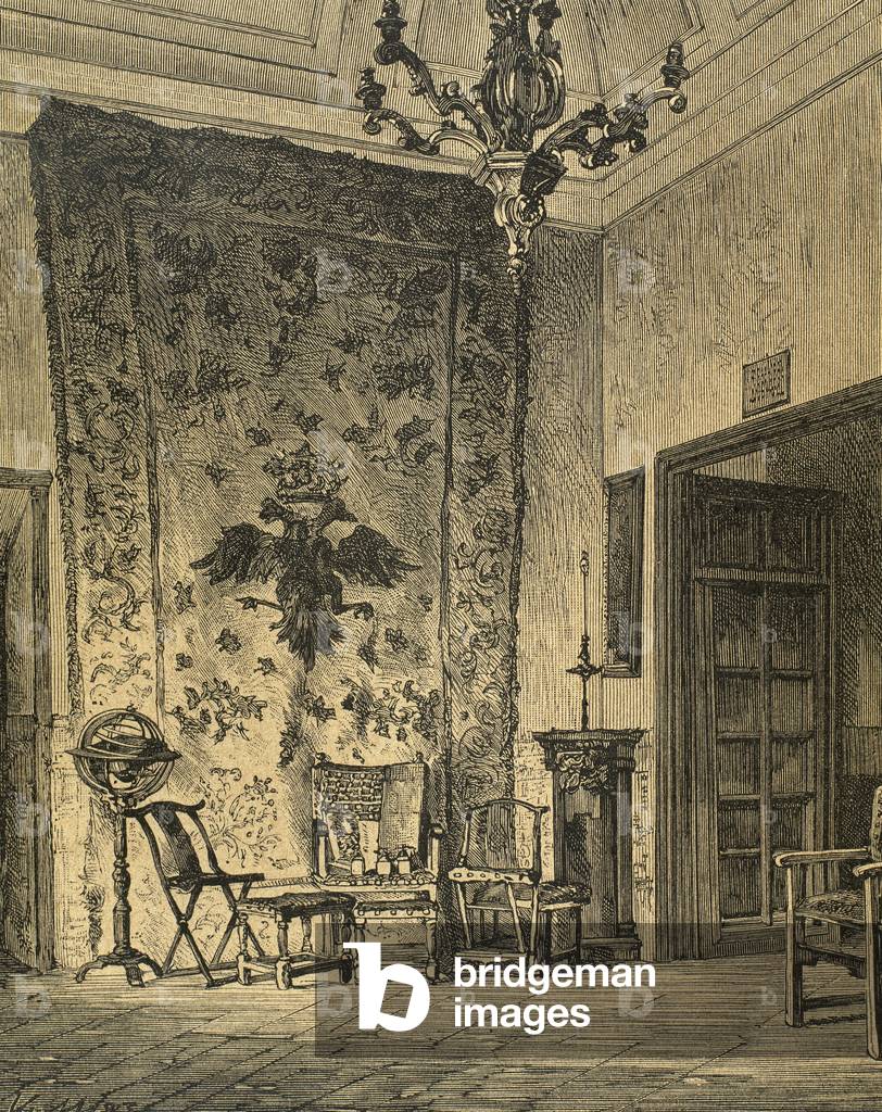 Philip II of Spain (1527-1598). House of Habsburg. Philip II's room. Royal Monastery of St. Lorenzo of Escorial. Engraving.