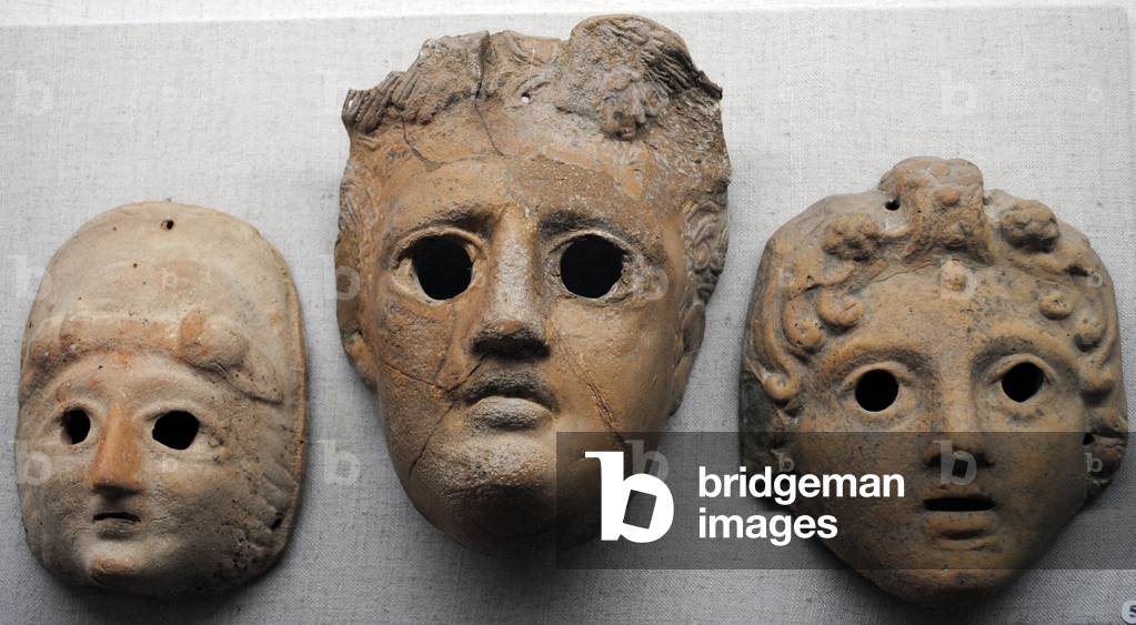 Theatrical masks made in terracotta. Ukraine.