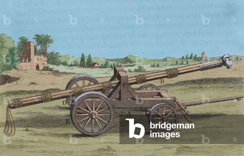 Siege weapon. Battering ram mounted on a chariot, 1727 (engraving)