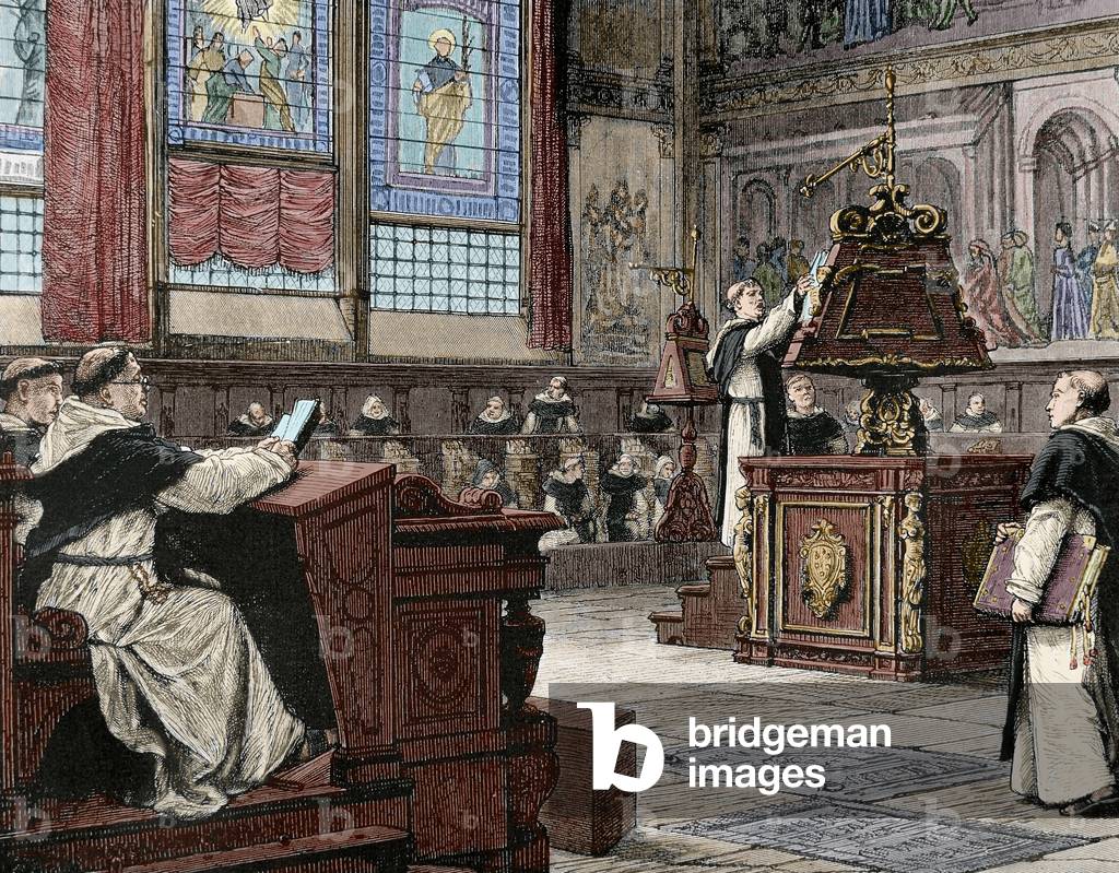 Dominican monks in the choir of the Basilica of Santa Maria Novella, Florence, Italy (colour engraving)