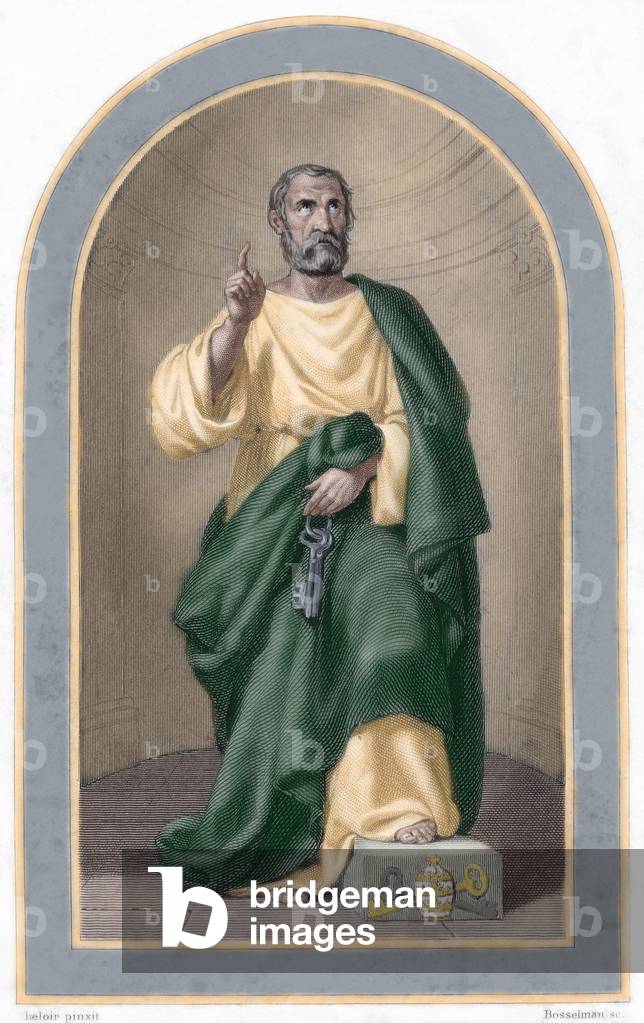 Saint Peter (c. 1 B.C.-67 A.C). Apostle of Jesus Christ and first Pope of the Catholic Church. Colored engraving.