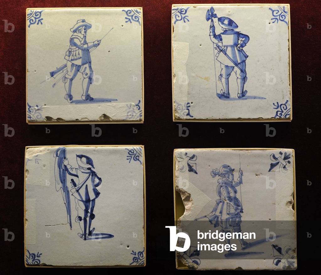 Representation of soldiers,  Tiles, Netherlands, 17th century, History Museum, Gdansk, Poland